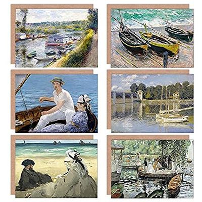 Renoir Monet Manet Vissersboten Water Beach Mixed Fine Art Wenskaart Pack van 6