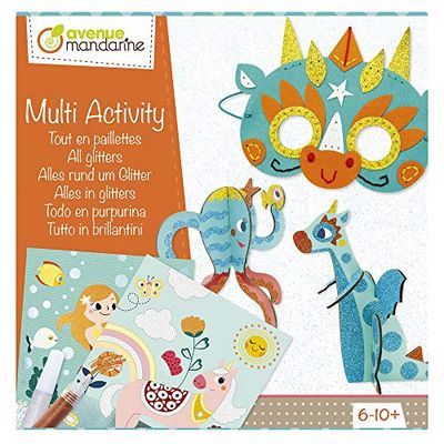 Avenue Mandarine - Ref KC086C - All Glitter Multi-Activity Box - Decorate Glitter Boards, Make 3D Animals, Sew a Mask - Full Instructions Supplied, Suitable for Ages 6-10+