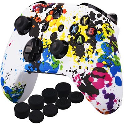 YoRHa Printing Rubber Silicone Cover Skin Case for Xbox One S/X Controller x 1(Graffiti) With PRO Thumb Grips x 8
