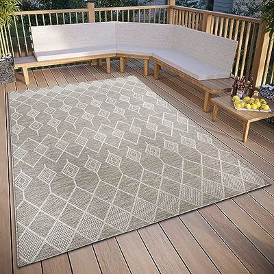 ELLE Decoration Pitu in- och utomhusmatta – utomhusmatta makramé boho etnomönster platt tyg, väderbeständig utomhusmatta för vardagsrum, hall, balkong, terrass, trädgård – beige, 155 x 230 cm