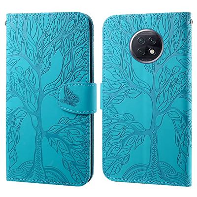 Aisenth Flip Hoesje voor Redmi Note 9T, Boom Vlinder PU-lederen Klapbare Hoes Telefoonhoesje Portemonnee Hoesje Flip Case Wallet Cover met Kaarthouder Standaard Magneetsluiting, Blauw Groen