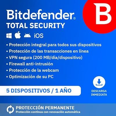 Bitdefender Total Security 2025 | 5 Dispositivos | 1 Año | PC/Mac/iOS/Android | Código de activación por email | Renovación automática