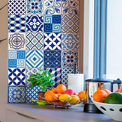Lundro Azulejos Zelfklevende tegelstickers, cementtegels, mozaïektegels, wandtegels, badkamer en keuken, cementtegels, zelfklevend, 15 x 15 cm, 24 delen