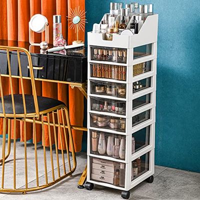BAKAJI Ruimtebesparende commode met 8 laden, transparant, trolley van polypropyleen met 4 wielen en stabiele witte structuur, multifunctionele organizer, 27 x 34 x 100 cm, grote inhoud
