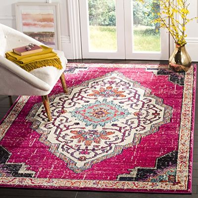 Safavieh Tapis Boho pour Salon, Salle à Manger, Chambre à Coucher - Monaco Collection, Tapis à Poil Court, Rose et Multi, 155 x 231 cm