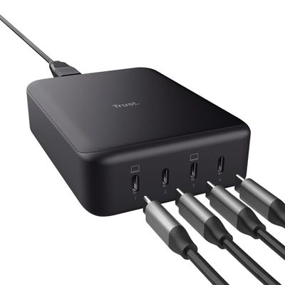 Trust Maxo Oplader USB-C 240W, 4 USB-C Poorten, Desktop Oplader GaN Charger Snellader Fast PD USB C Charger iPhone iPad Samsung Galaxy Steam Deck Smartphones Tablets Laptops - Zwart