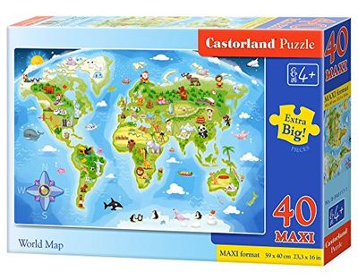 Castorland Premium World Map Maxi Puzzle, Wielokolorowy, 40 Elementów