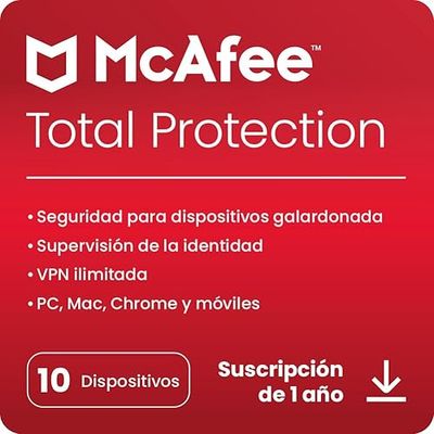 McAfee Total Protection 2024, 10 dispositivos | Antivirus, VPN, seguridad móvil y de Internet | PC/Mac/iOS/Android|Suscripción de 1 año | Código de activación por correo electrónico