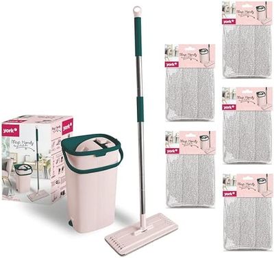 YORK Mocio piatto per cellulare, rosa (include secchio strizzatore, testa mocio), manico telescopico in alluminio, facile da riporre, adatto a tutti i pavimenti