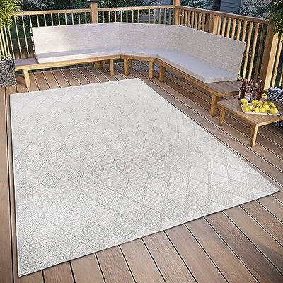 ELLE Decoration Pitu Tapis d'intérieur et d'extérieur, motif macramé, style bohème, ethnique, tissé à plat, résistant aux intempéries, pour salon, couloir, balcon, terrasse, jardin, crème, 77 x 150 cm