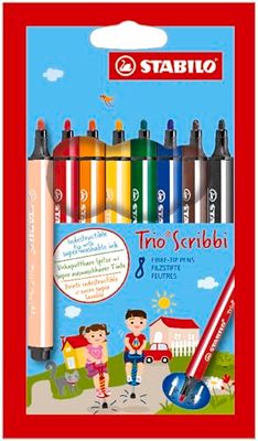 Driekantige viltstift met meeverende punt - STABILO Trio Scribbi - 8 stuks - met 8 verschillende kleuren
