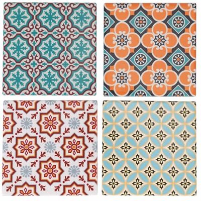Set med 4 dekorativa tegelstenar, 11 x 11 cm, keramik, botten av kork, Valladolid