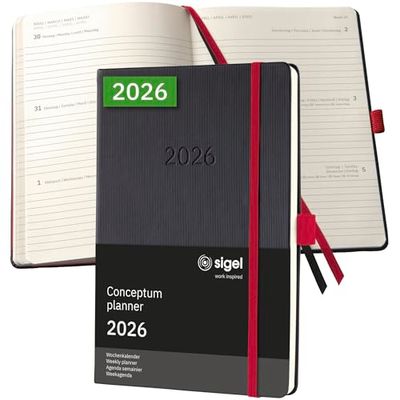 SIGEL C2608 Wochenkalender Conceptum 2026, ca. A5, schwarz, rot: Agenda Conceptum, Classic, Hardcover