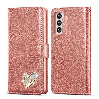QLTYPRI Custodia per Samsung Galaxy S22, custodia a portafoglio in pelle glitterata TPU bumper porta carte di credito cavalletto cinturino da polso intarsiato cuore cuore diamante design flip cover