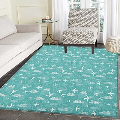 Big deer Airplane Non Slip Rugs Disoriented Flying Jets in Clear Sky with Curly Clouds Travel Vacation Theme Door Mats for Inside Non Slip Backing 4'x5' Turquoise White