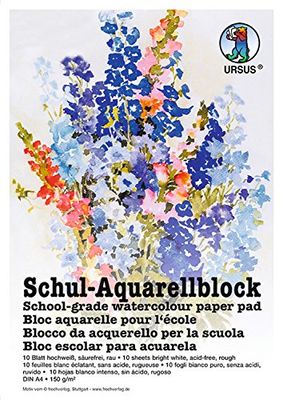 Ursus Schull 7004600 - Bloc de Acuarela (DIN A4, 150 g/m², 10 Hojas, sin ácidos, encolado en Tres páginas, Ideal para la Escuela o el Tiempo Libre