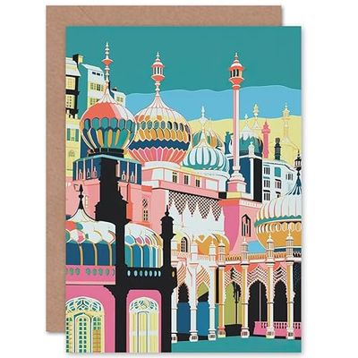 Artery8 Brighton Royal Pavilion Multicoloured Linocut Travel Birthday Sealed Greeting Card Plus Envelope Blank inside