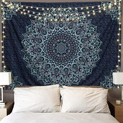 Edeesky Zwart Blauw Mandala Wandtapijt Muur Opknoping Vintage Wandtapijten Esthetische Hippie Muur Decor Bohemian Wall Art Boho Woondecoratie voor Slaapkamer, Woonkamer, Slaapzaal