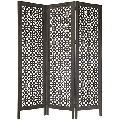 DRW Paravent avec 3 Panneaux ajourés en Bois de manguier et MDF Gris 150 x 180 x 2,2 cm