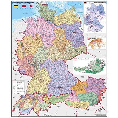 Deutschland-Österreich-Schweiz Postleitzahlen- und Organisationskarte: Wandkarte/Poster NEUE AUFLAGE