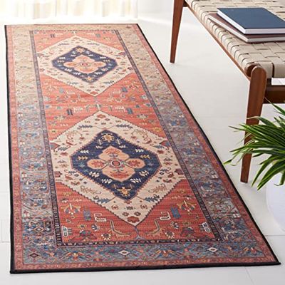 Safavieh Tapis Traditionnel - Lavable en Machine et Antidérapant - Idéal pour Les Zones à Fort Passage - Tucson Collection, Tapis à Poil Court, Rouille et Bleu, 180 x 76 cm