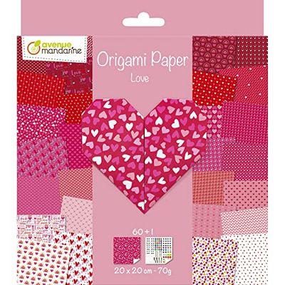 Avenue Mandarine OR518C - Un pacchetto di 60 fogli Origami 20 x 20 cm 70 G (30 motivi x 2 fogli) + un foglio di adesivi "occhi", dai 7 anni - LOVE