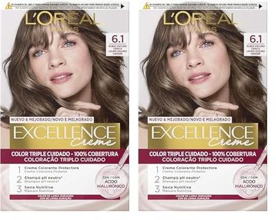 L'Oreal Tintura per Capelli, Excellence Creme, 200 gr, 6.1 Rubio Oscuro Ceniza (Confezione da 2)