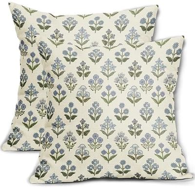 Sivirary Juego de 2 Fundas de Almohada con Estampado de Bloques Azules y Verdes de 18 x 18 Pulgadas, Fundas de Almohada Decorativas Florales Vintage, Fundas de cojín Bohemias, decoración rústica,