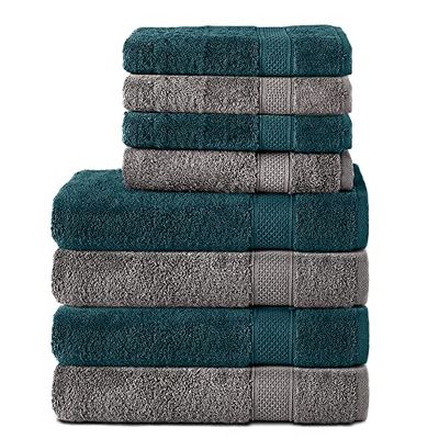 Komfortec Lot de 8 Serviettes de Bain 100% Coton 70 x 140 cm et 4 Serviettes de Toilette 50 x 100 cm en éponge (Anthracite/Petrole)