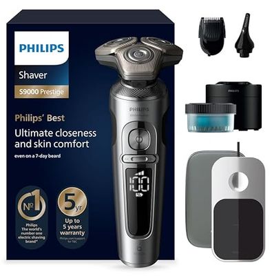 Philips Rasoio Elettrico Serie 9000 Prestige, secco e umido, cromo brillante, rasatura Lift & Cut, tecnologia SkinIQ, regolabarba, rifinitore per il naso, base di ricarica Qi, modello SP9885/35