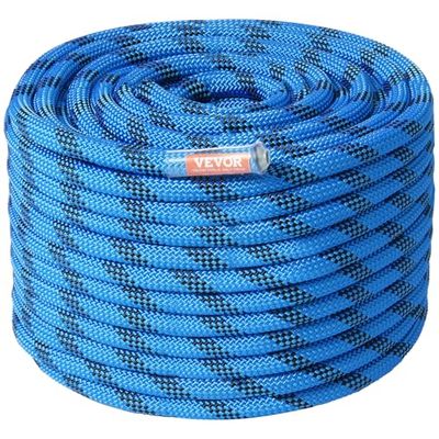 VEVOR 12,7 mm statisch klimtouw, 38 m (120 ft) outdoor rotsklimmen touw 30KN breukspanning, vezeltouw met stalen karabijnhaken voor ontsnapping, abseilen, brandredding, blauw