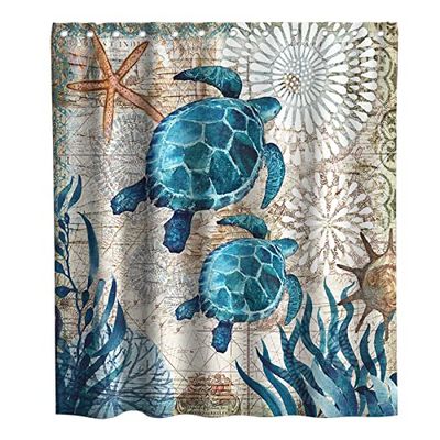 Final Friday Set di tende da doccia in tessuto a tema spiaggia con tartarughe marine verdi, decorazione blu oceano con occhielli e ganci, 183 x 183 cm, colore foglia di tè