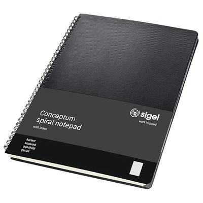 SIGEL CO840 Cuaderno espiral, 24.6 x 30.1 cm, cuadriculado, Hardcover, negro, con separadores, Conceptum