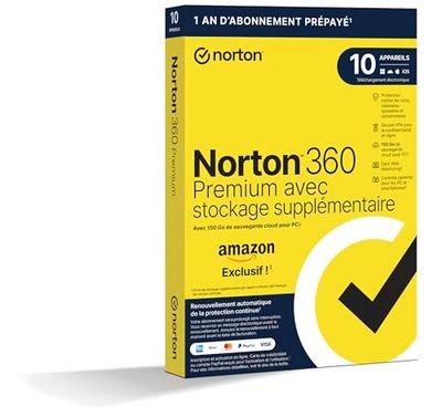 Norton 360 Premium + 75 Go de sauvegarde cloud supplémentaire |10 Appareils | 1 An d'Abonnement en renouvellement automatique | Exclusivité Amazon*