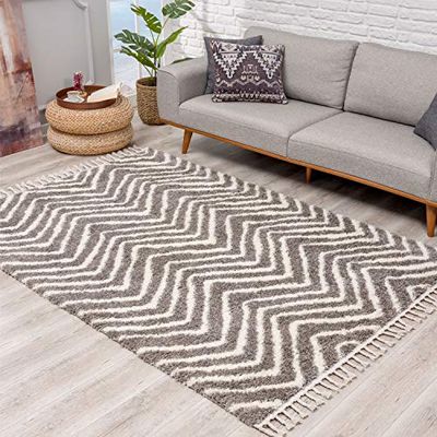 Carpet City Tapijt hoogpolig shaggy in grijs/wit super zacht met chevron patroon woonkamer slaapkamer maat 160/230 cm, 160 cm x 230 cm