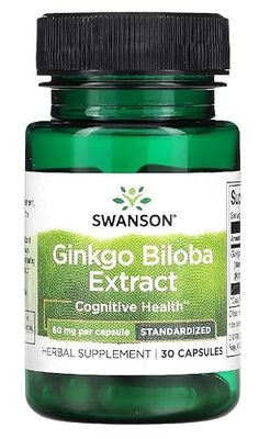 Swanson - Ginkgo Biloba Extrait 60mg | Soutien pour la Mémoire et la Concentration, Standardisé - 30 Capsules