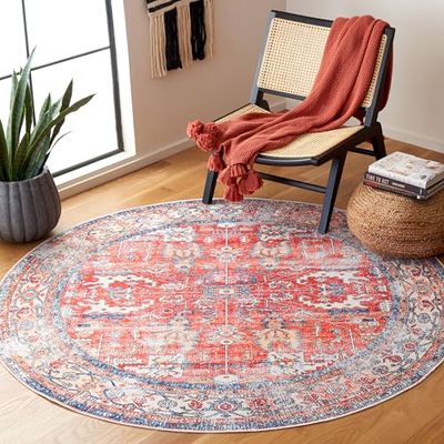 Safavieh Vloermat, verouderd, machinewasbaar en antislip, ideaal voor gebieden met veel verkeer, Arizona Collection, laagpolig, rood en blauw, 183 x 183 cm