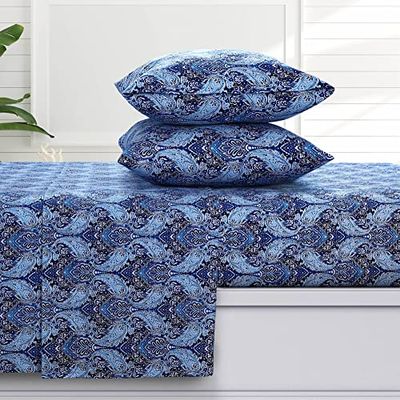 Tribeca Living Sofi Paisley SOFIFLOSHETWX Parure de lit en Flanelle de 170 g/m² avec Poche très Profonde et surdimensionnée, 100% Coton, Super Douce, Chaude et Confortable, pour lit Simple XL, Bleu