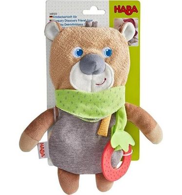 HABA 1306920001 Ontdekkingsdoek beer, babyspeelgoed met bijtring, babyknuffeldier voor fopspeen, grijping, warmtekussen, cadeau voor geboorte