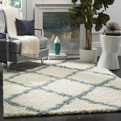 Safavieh SGD257 Dallas Shag Tapis d'intérieur rectangulaire tissé à Poils Longs pour Salon, Chambre à Coucher ou Tout Espace intérieur Ivoire/Bleu Clair 155 x 229 cm