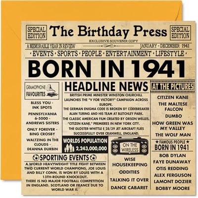 84th Birthday Cards for Men Women - Born In 1941 Newspaper - Happy 84 Birthday Card for Grandad Grandma Nan Vintage Retro Back In 1941, 145mm Bday Greeting Cards