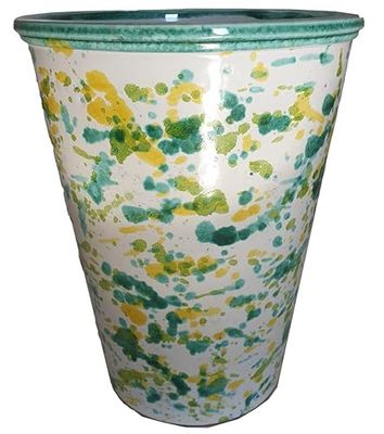 Ceramiche Angela Rinaldi – Vaso in Ceramica di Vietri dipinto a mano Maiolica Design Fioriera Terracotta Giardino Cachepot (Altezza cm 15 diametro cm 13 kg 0,50, bordo verde scuro)