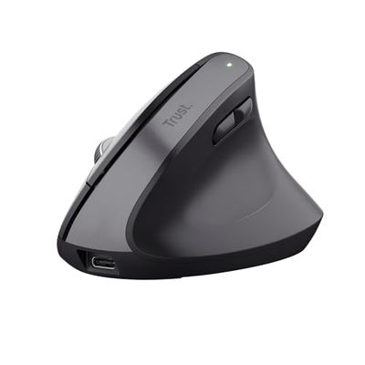 Trust Bayo+ Rechargeable Vertical Mouse Bluetooth + RF 2.4GHz, Ergonomic Mouse, Reduces Arm and Wrist Strain, 70% Recycled Plastics, Multidevice Wireless Mouse for Windows, PC, Laptop, Mac - Black