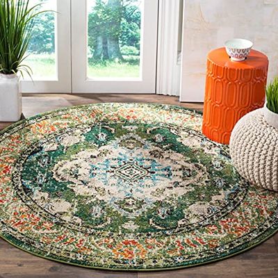 Safavieh Tapis Boho pour Salon, Salle à Manger, Chambre à Coucher - Monaco Collection, Tapis à Poil Court, Vert Forêt et Bleu Clair, 160 x 160 cm