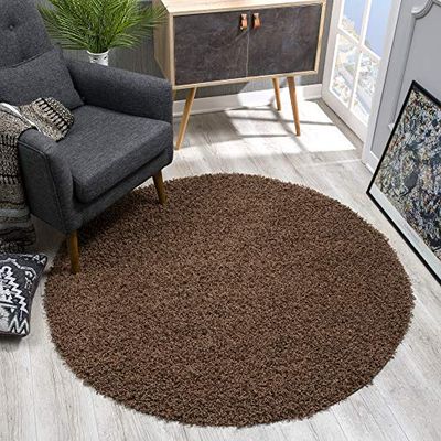 SANAT Modern Round High Pile Rug, Dark Brown, 120 x 120 cm