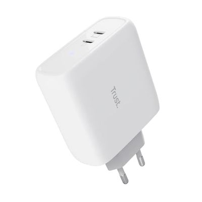 Trust Maxo Caricatore USB C 65W, Alimentatore USB C x2, 75% Materiali Riciclati, Caricatore Rapido Adattatore di Alimentazione per iPhone iPad Samsung Galaxy Smartphone Tablet - Bianco