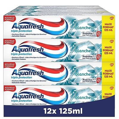 Aquafresh Dentifricio Tripla Protezione Bianchezza, Per Denti Forti e Alito Freddo, Confezione da 12 x 125 ml