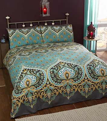 Rapport ASHA Esmeralda indiana design, capa de edredão e 2 fronha de almofada conjunto de roupa de cama, verde/azul, King
