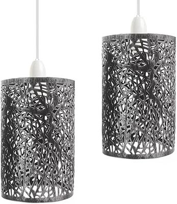 2 Pack of Brushed Silver Metal Bulb Guard Drum Shaped Lampshades for Ceiling Pendant Lights, Indoor Easy Fit Wire Cages for Kitchen, Hallways (Brushed Silver)