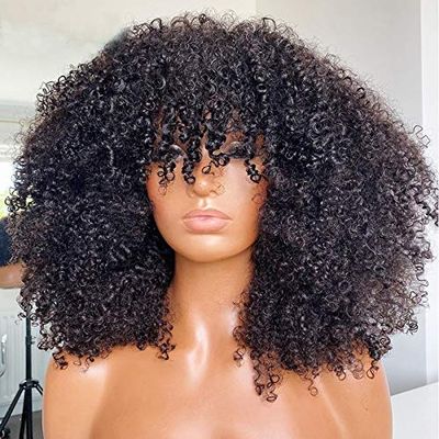 ARUKIHAIR Perruque afro crépue bouclée avec frange entièrement fabriquée à la machine, cheveux humains brésiliens courts bouclés de densité 200, couleur naturelle, 56 cm